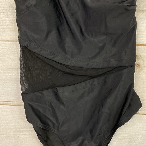 CUPSHE One Piece Swimsuit Sz S Black One Shoulder Mesh Panel Slimming NWT - Picture 2 of 5
